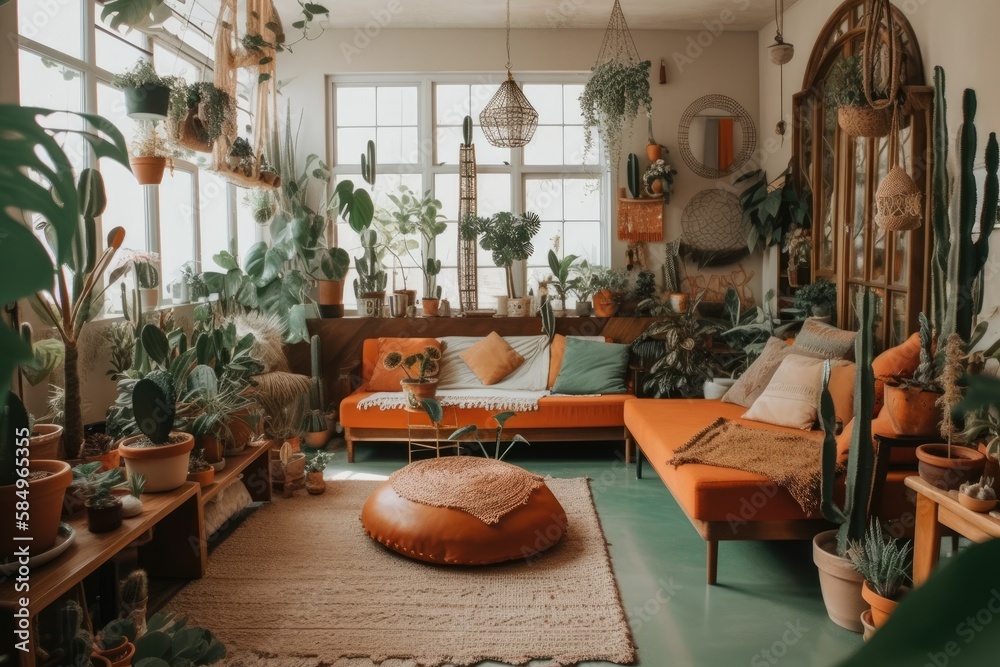 Garden paradise. Boho living room with greenery. Monstera, cactus, succulents. Dessert flowers. Bohe