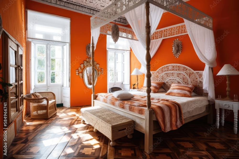 Beautiful white and orange canopy bed bedroom. Parquet, natural wallpaper, cane ceiling. Bohemian ra