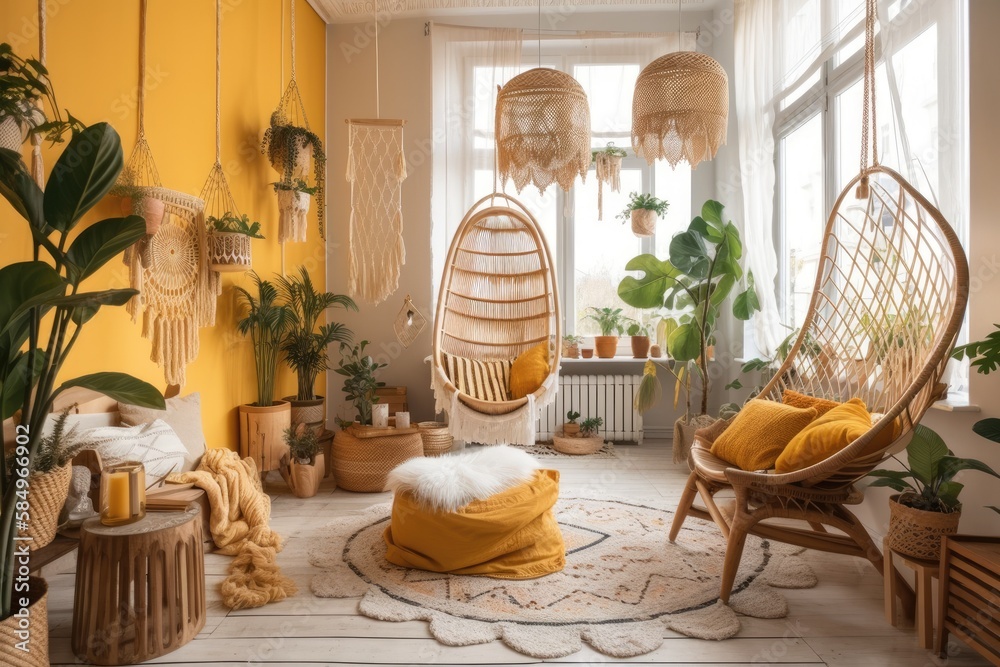 White and yellow Boho farmhouse living room with potted plants and lace hanging chair. Parquet and w