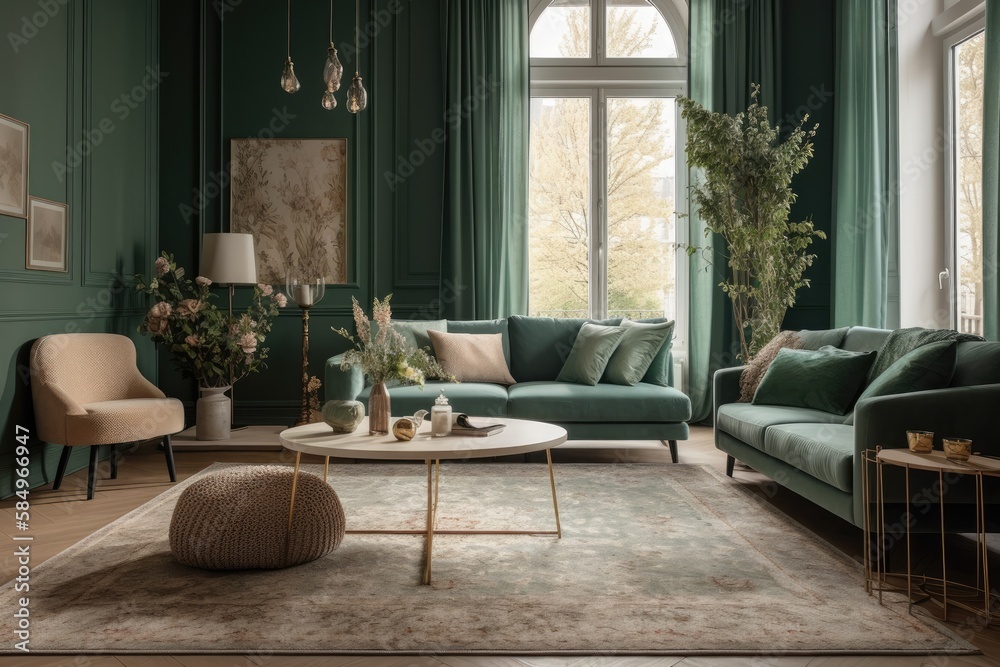 Beautiful green and beige living room with carpeted floor, wallpaper, and fabric couch. Classic mini