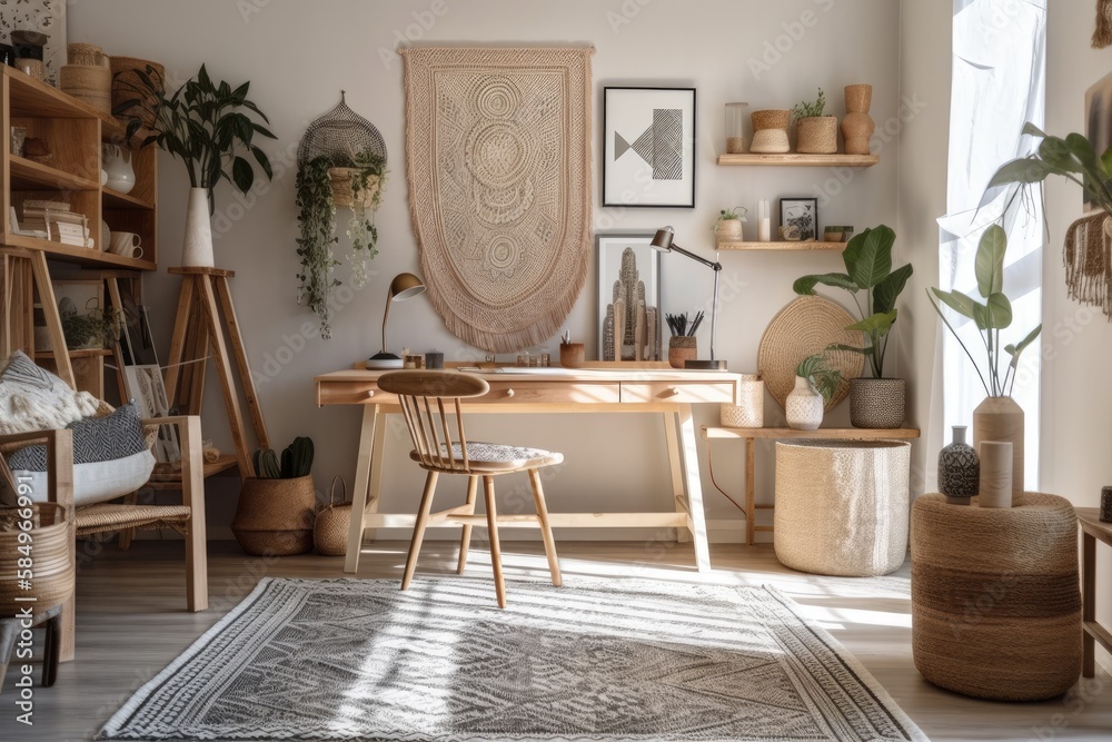 Contemporary boho home office space with wooden desk, elegant armchair, bamboo shelf, carpet, macram