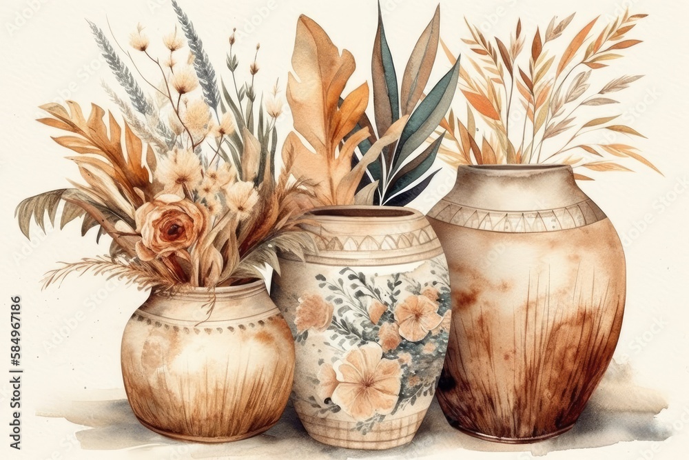 Boho clay vase with dried flowers. decorative pot. Hand drawn watercolor clipart. Grassy. Generative