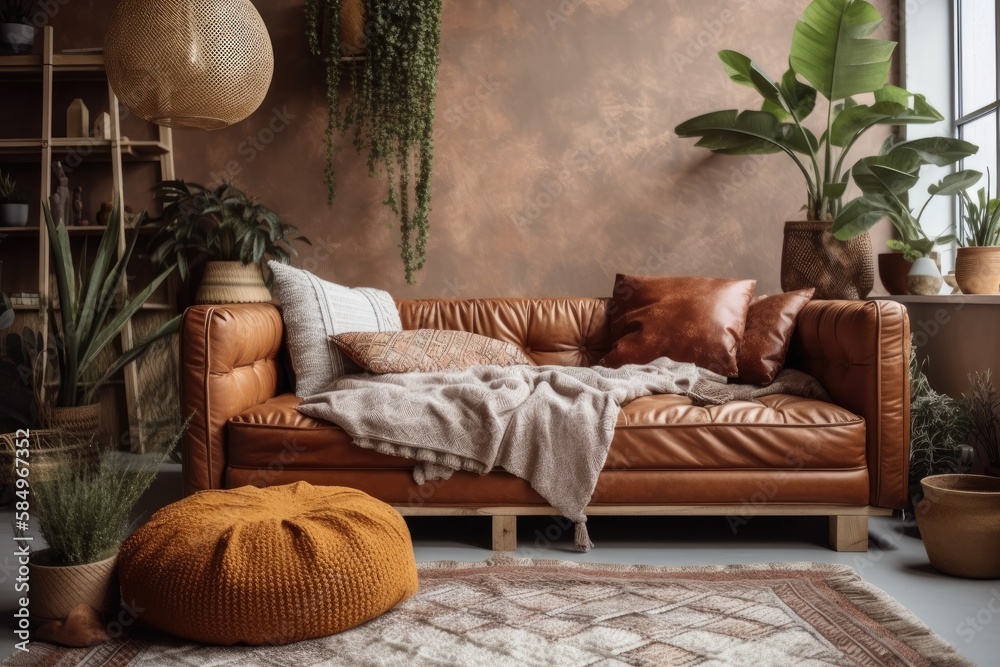 Cozy loft living room. Comfortable eco leather couch with cushion and bed throw. Boho chic sofa with