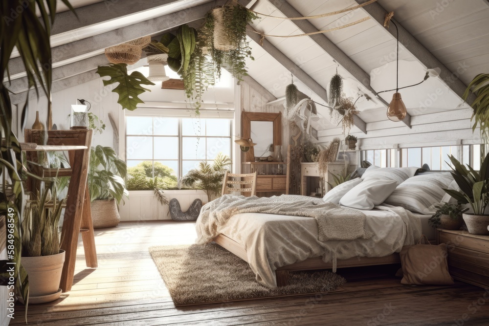 Scandi Boho white tropical attic bedroom interior. Generative AI