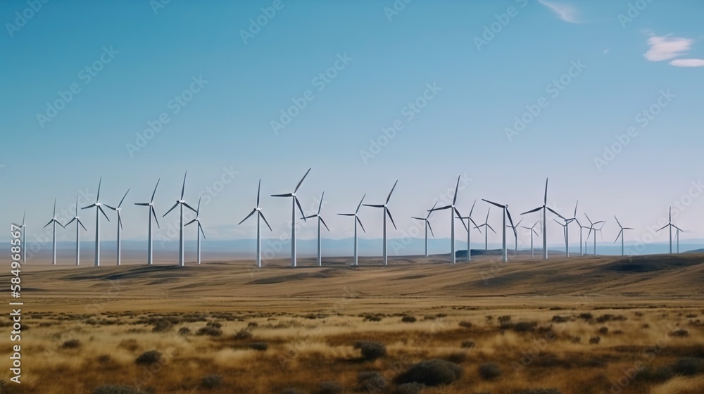 Windmill farm in the steppe against the blue sky. Renewable energy. Generative AI