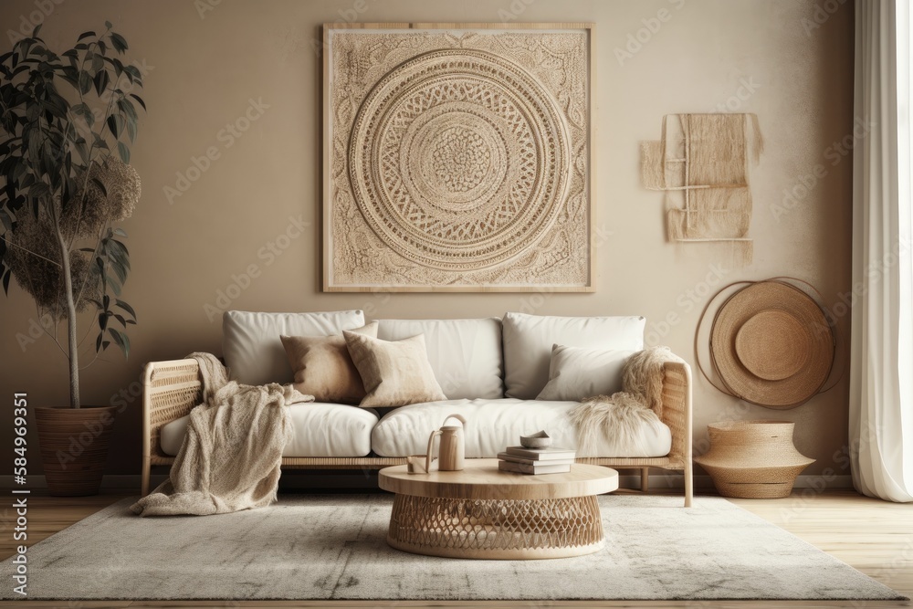 Boho decor. Wall mockup. Wall art,. Generative AI