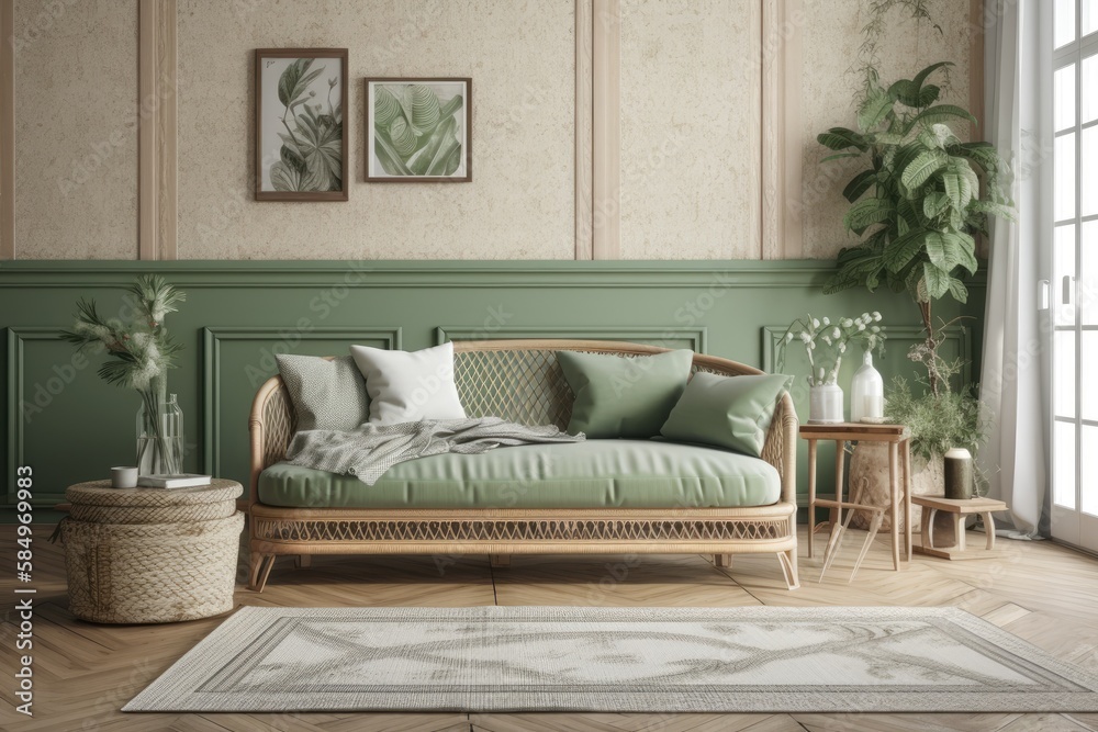 Green and beige farmhouse living room mockup. Parquet, rattan, couch, wallpaper. Vintage decor,. Gen