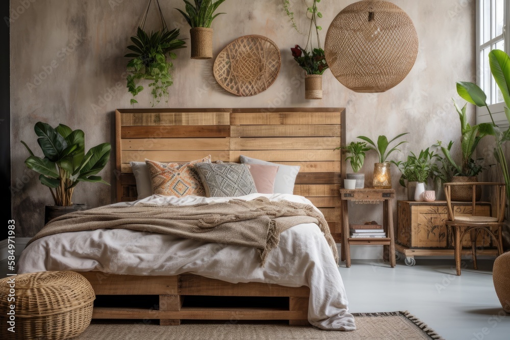 bedroom with rustic headboard and fruit baskets as bedside tables. Generative AI