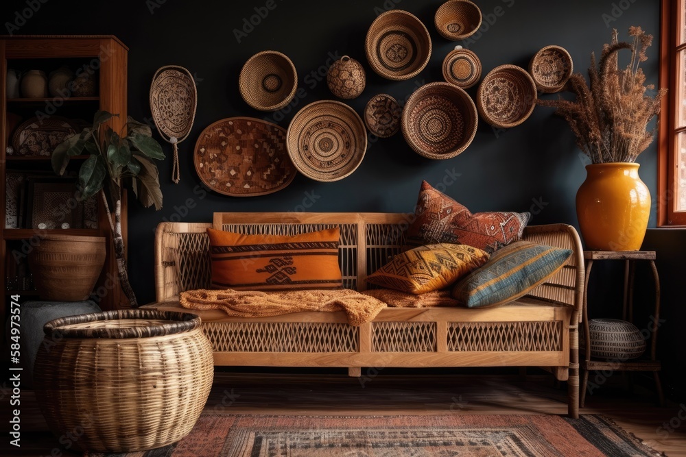 Ethnic living room with wicker baskets, wooden seat, couch, and attractive personal decorations. Coz