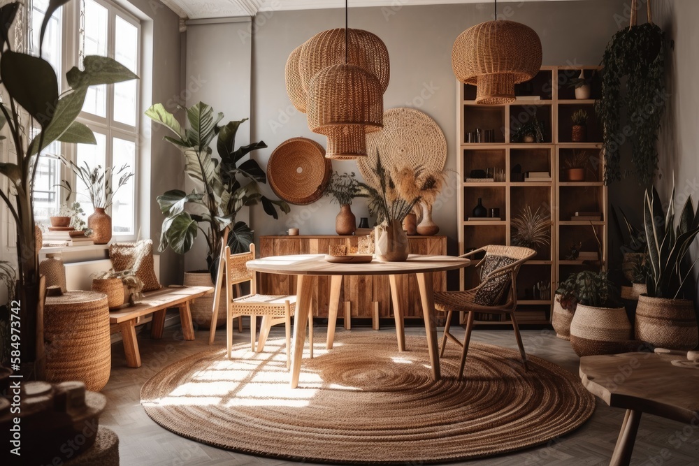 Boho and comfortable dining room with circular family table, rattan chairs, design pedant lamp, comm