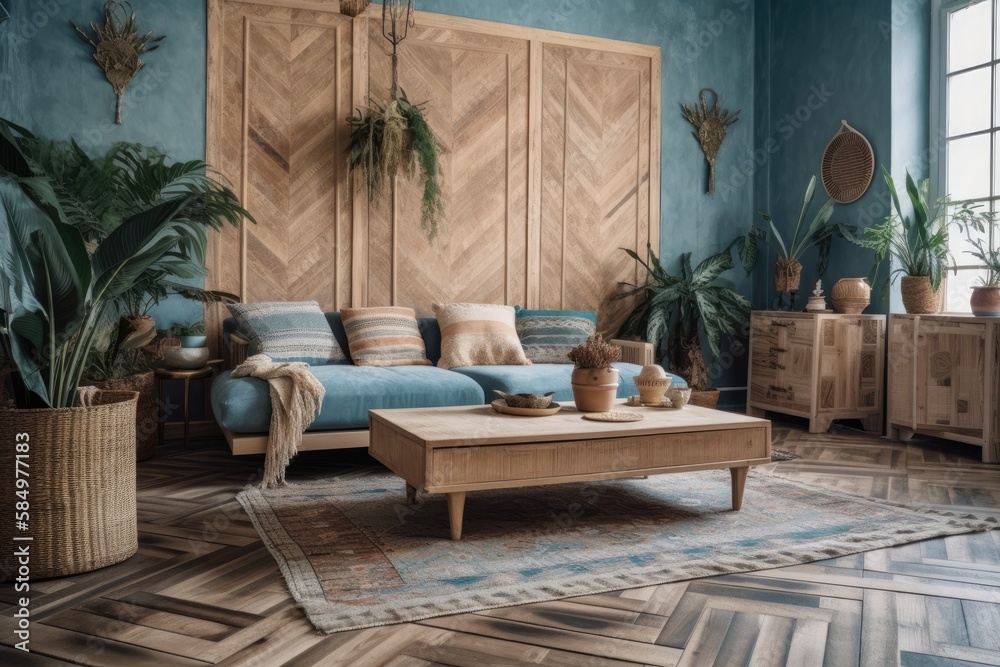 Bohemian hardwood living room with wallpaper and herringbone parquet. Sofa, jute carpet, and blue be