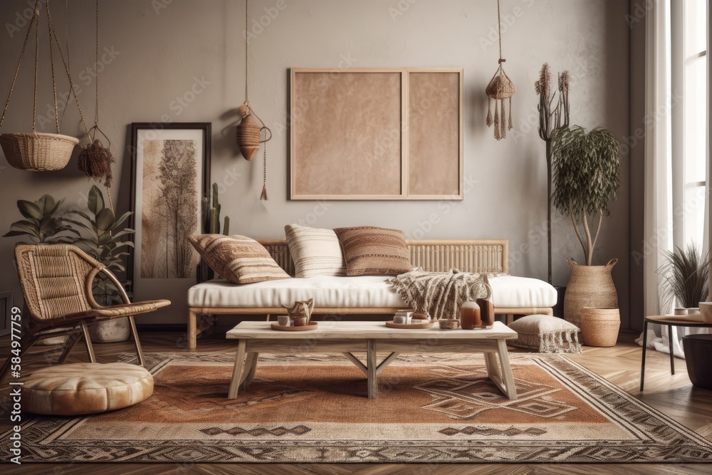 Boho style interior. Brown living room. Beige mockup. Generative AI