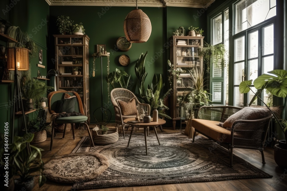 Creative living room with coffee table, rattan armchair, plants, carpet, and boho decorations. Green