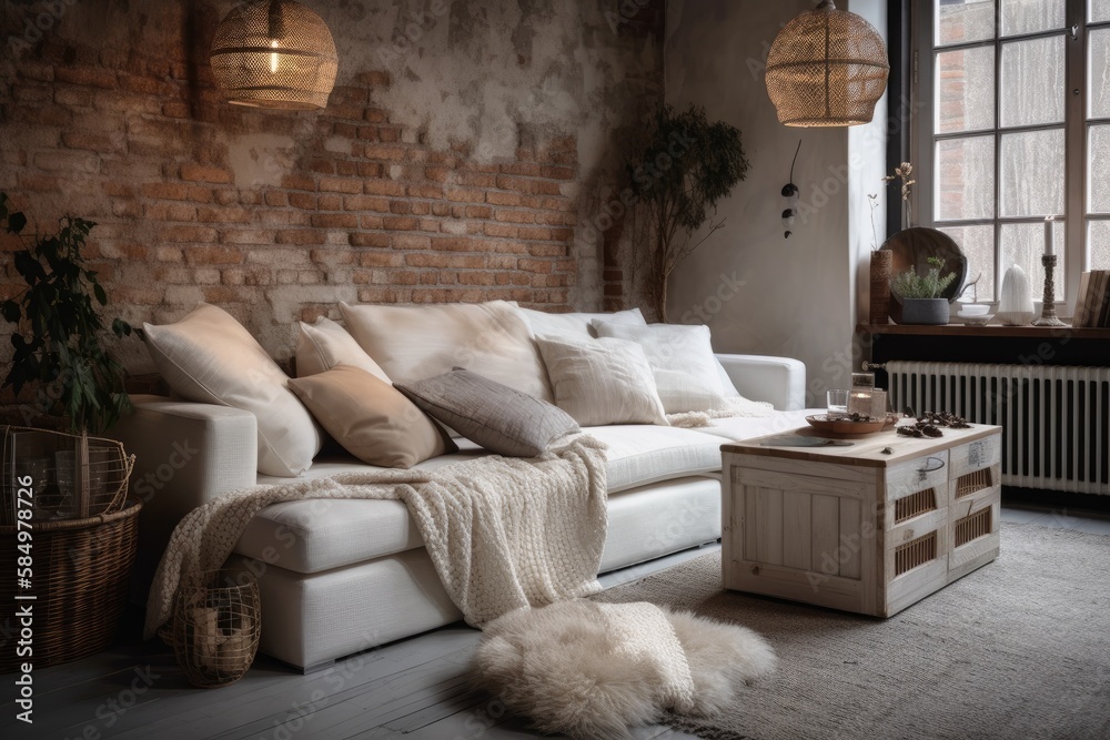 Contemporary rustic living room with white couch and dried flower wicker baskets. Comfortable house 