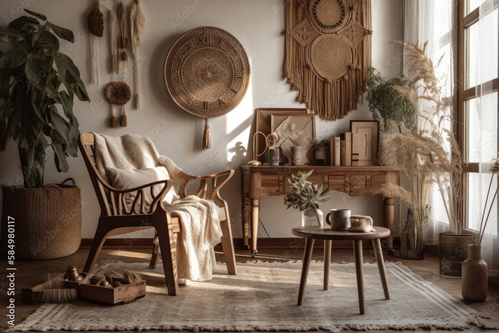 Boho living room with trendy armchair, wooden desk, dried flowers in vase, rattan décor, macrame, co