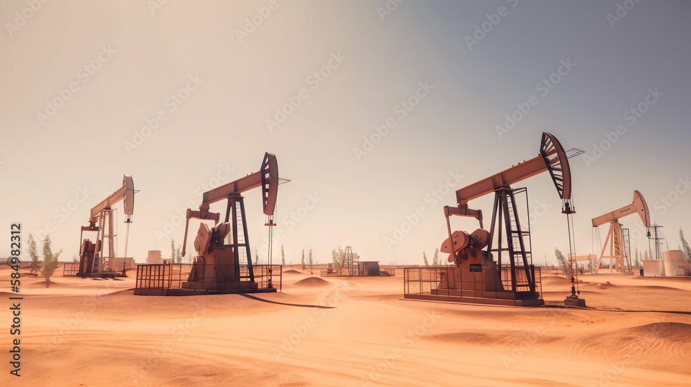 Working oil pumps in desert place. Natural resources industry. Oil rig in dunes. Generative AI