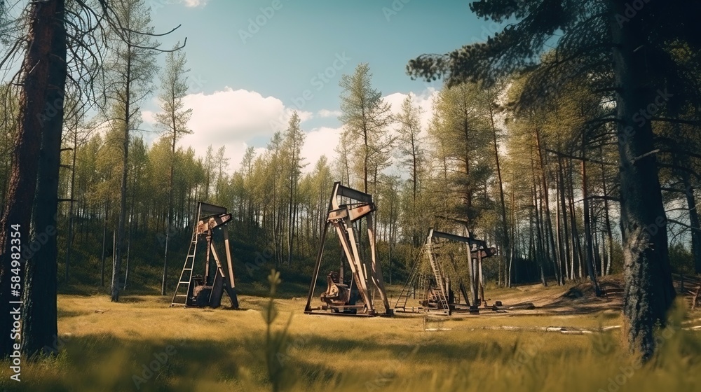 Oil rig in forest. Fir trees and oil pumps. Generative AI