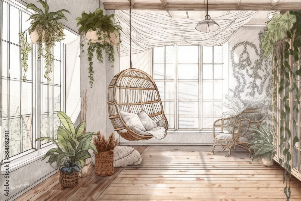 Unfinished blueprint, Boho farmhouse living room, potted plants, and lace hanging chair. Shuttered p