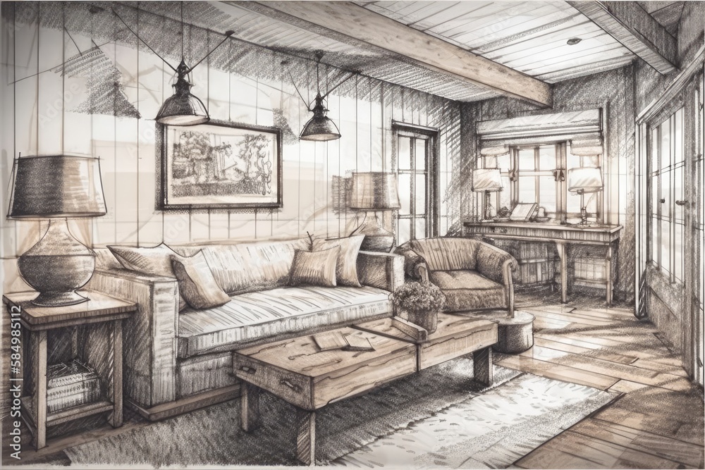 Farmhouse bohemian architect interior designer concept hand drawn draft unfinished idea becomes true