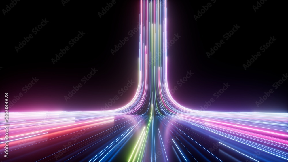 3d render, abstract background, bright neon lines glowing in the dark, digital futuristic wallpaper