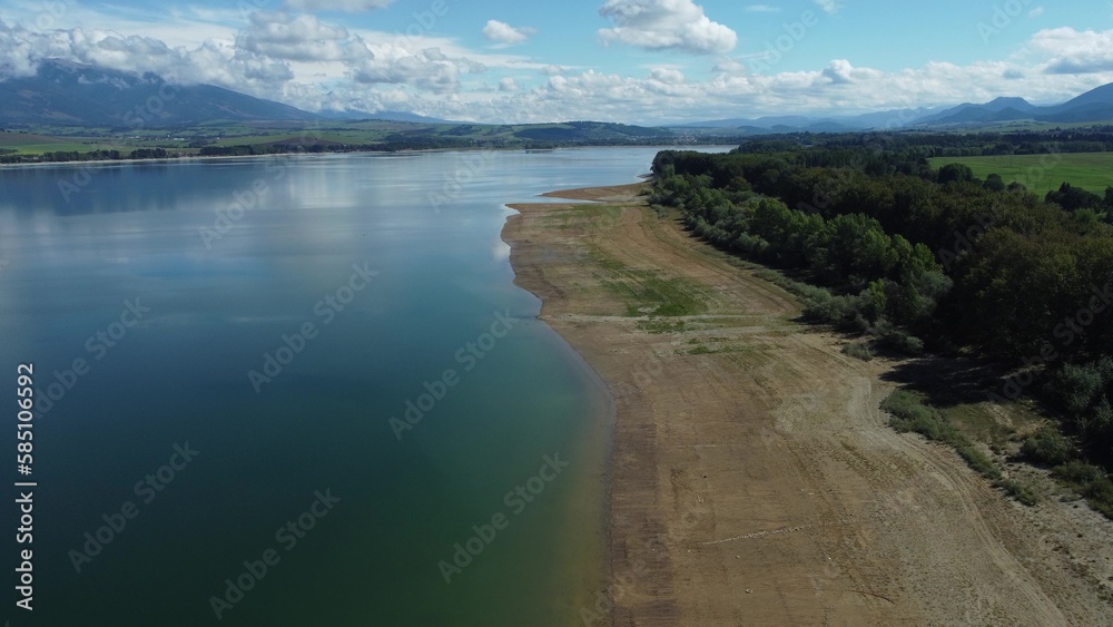 Aerial view of Liptovska Mara reservoir in Slovakia. Water surface