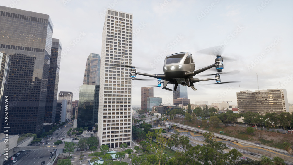 Autonomous driverless aerial vehicle fly across city, 3d render