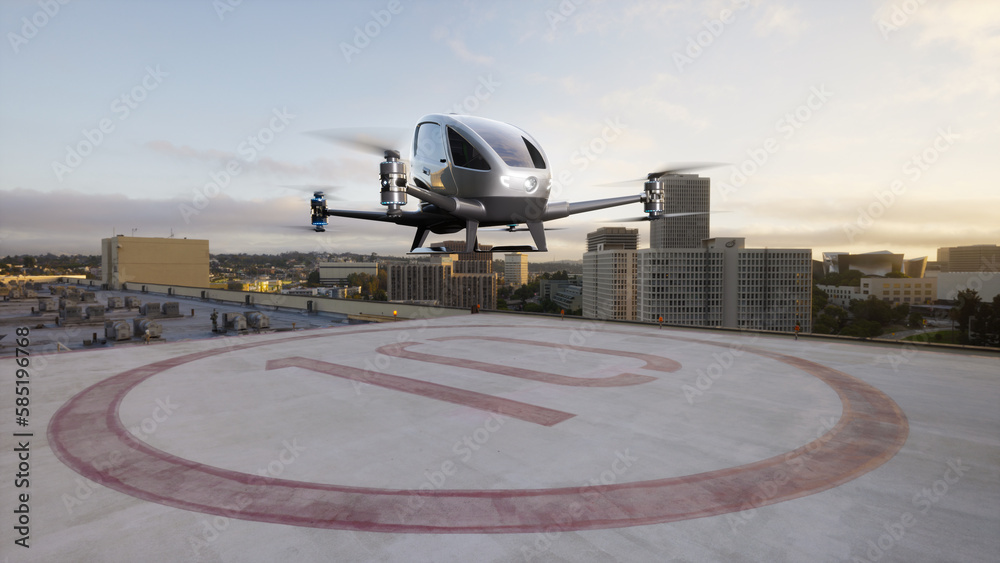 Autonomous driverless aerial vehicle fly across city, 3d render