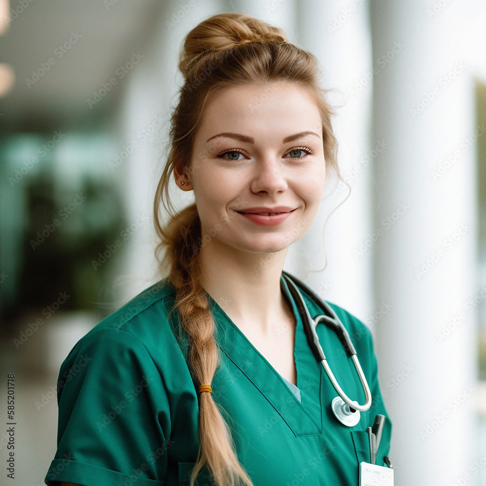 Professional nurse, doctor or hospital physician, with a natural portrait style. Woman or female wit