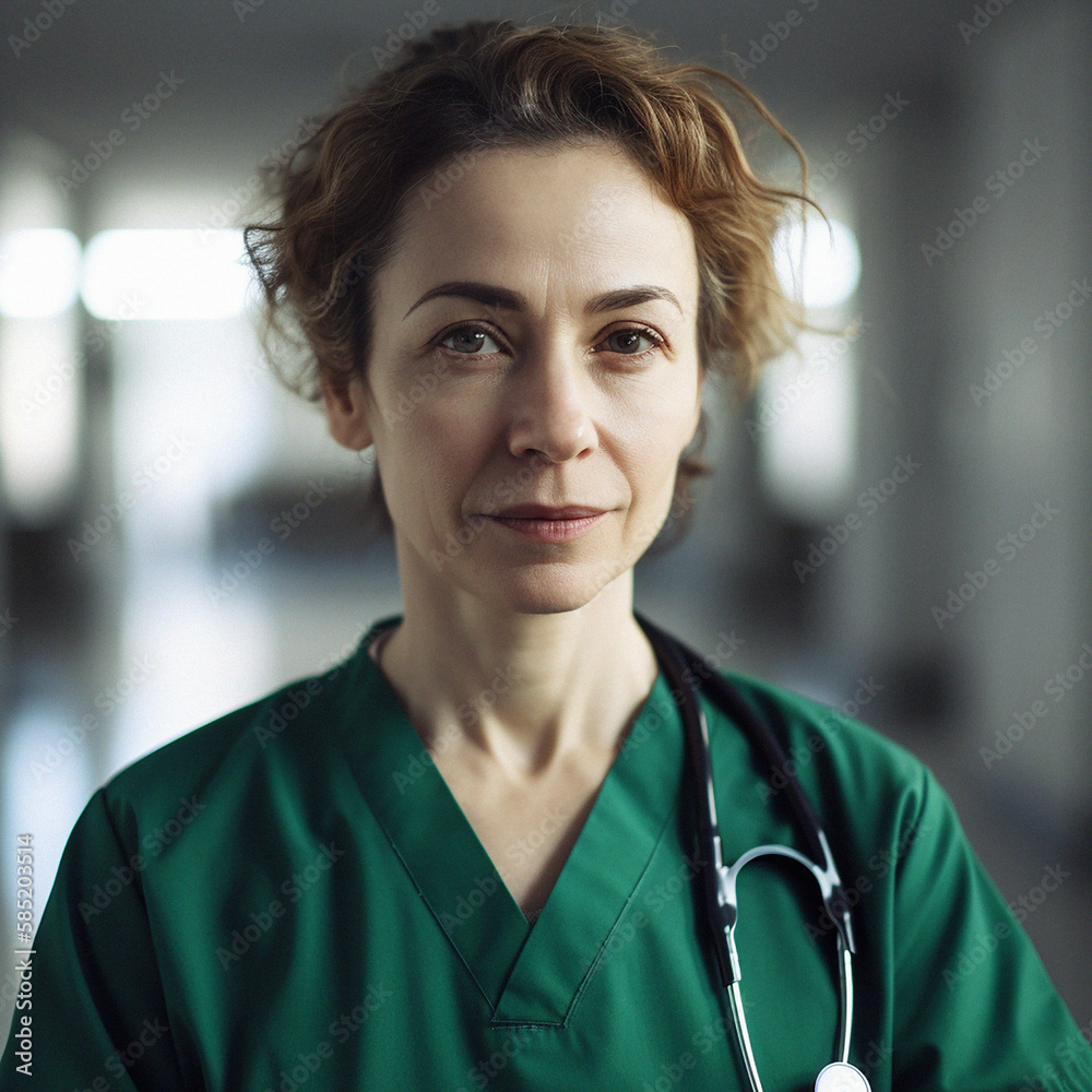 Professional nurse, doctor or hospital physician, with a natural portrait style. Woman or female wit