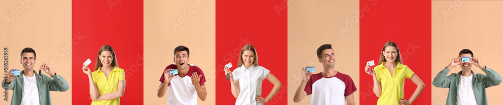 Set of people with driving licenses on color background