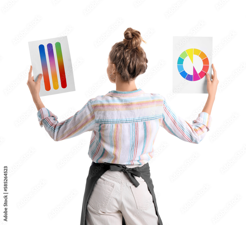 Female artist with paint color palettes on white background, back view