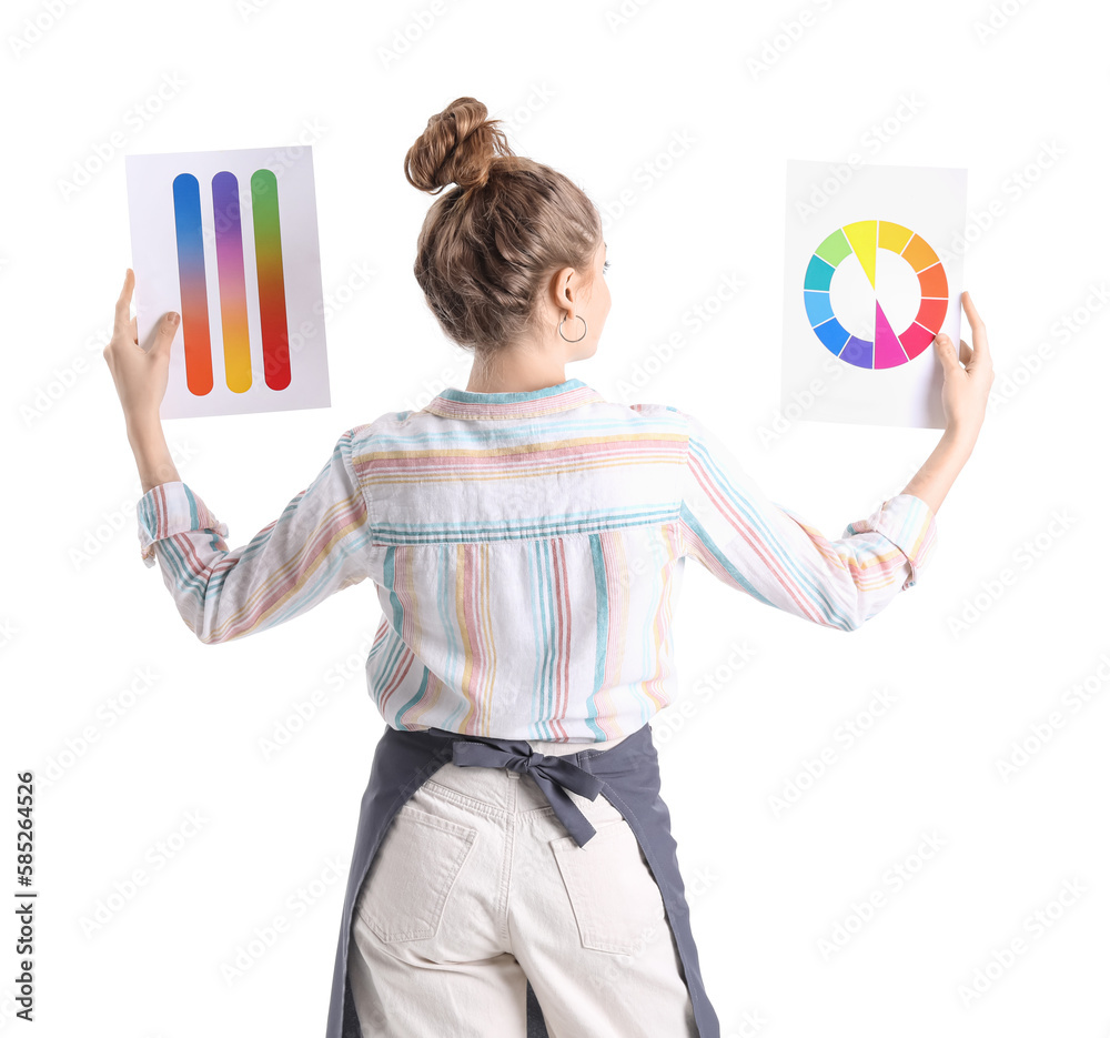 Female artist with paint color palettes on white background, back view