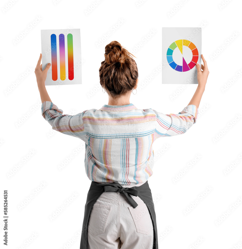 Female artist with paint color palettes on white background, back view