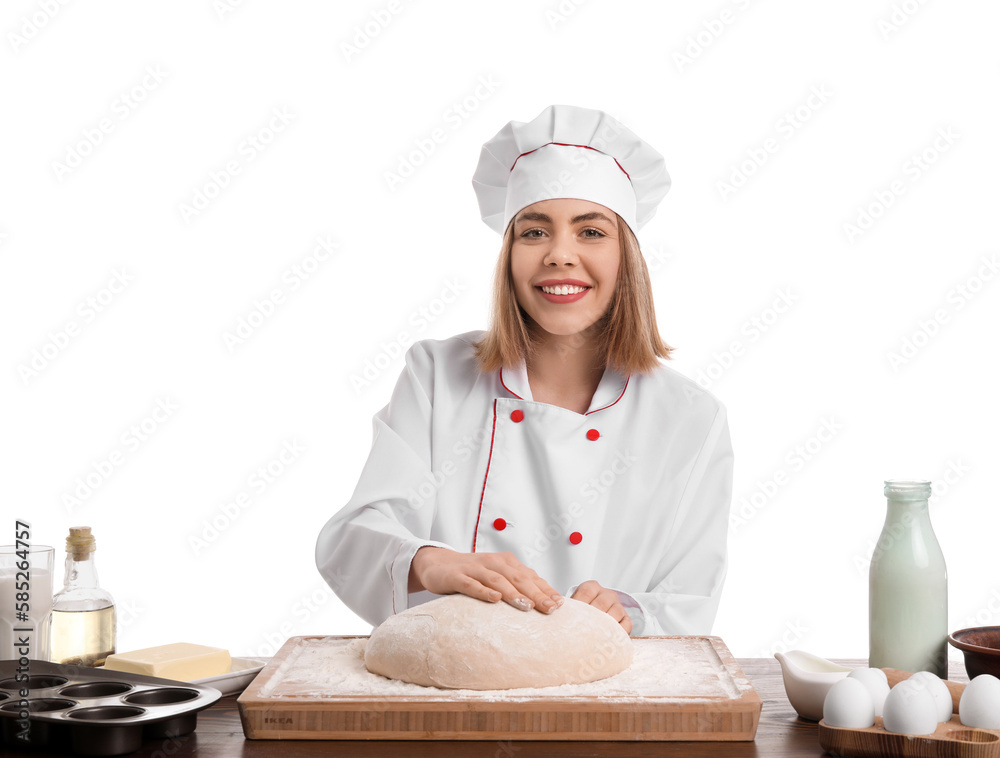 Female baker with raw dough at table on white background