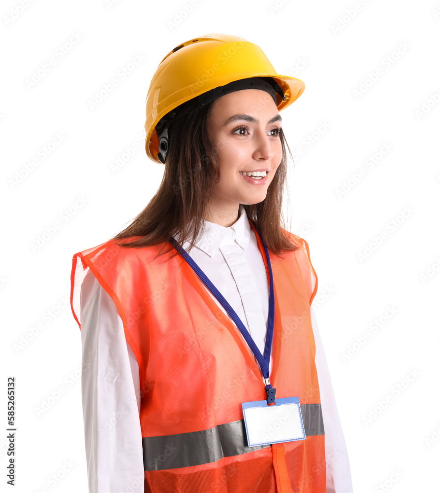 Female worker in vest and hardhat on white background