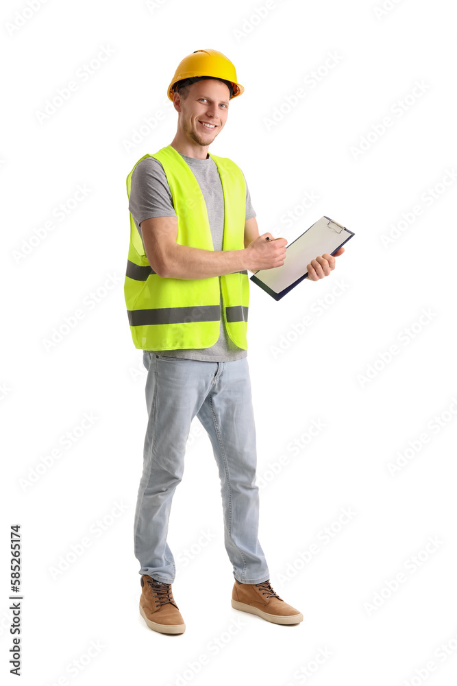 Male engineer with clipboard on white background