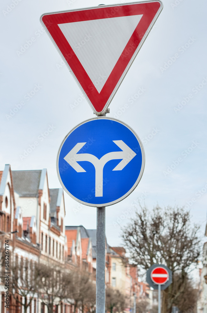 View of traffic signs in city, closeup