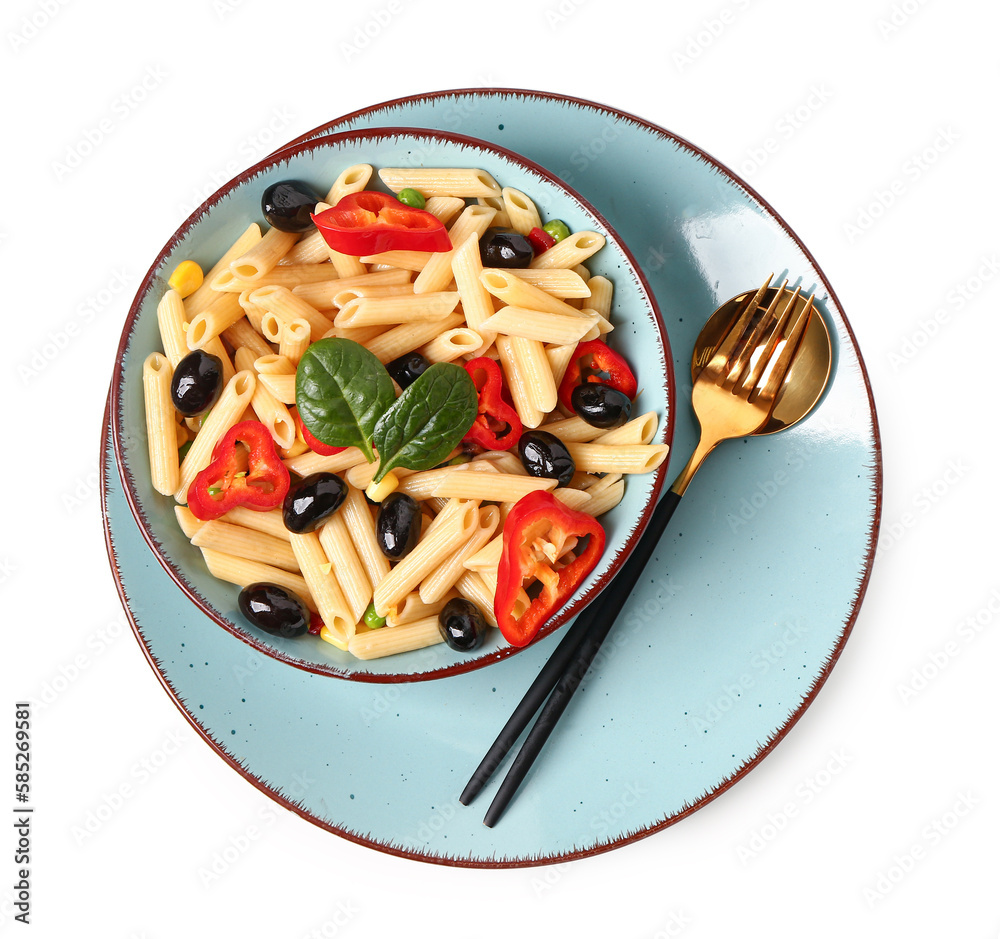 Plate with tasty pasta salad on white background