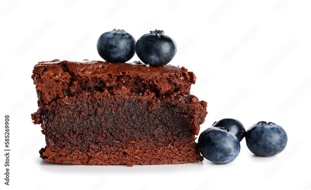 Piece of tasty chocolate brownie with blueberry isolated on white background