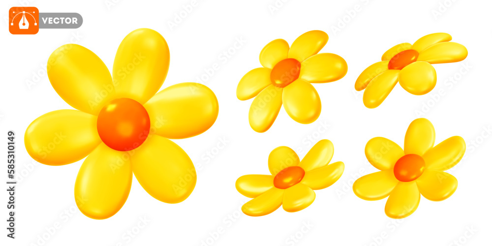 Set of daisy with yellow petals and orange centre. Volumetric chamomile flowers, view from different