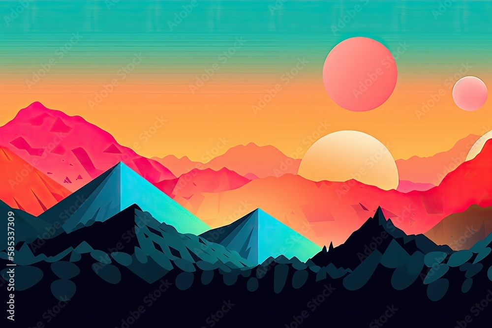 Gorgeous natural scenery colorful mountains and moon, simple art landscape, mountain wall art, abstr