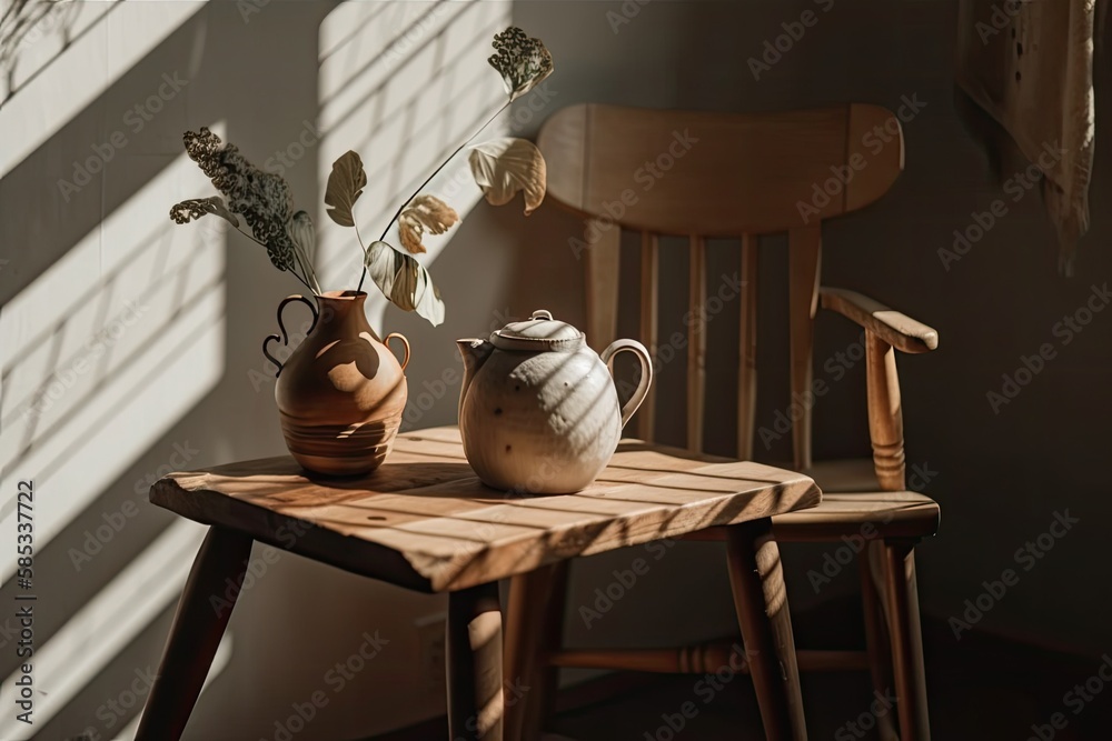 Ceramic kettle on rustic wooden chair in sunshine. Trendy ceramic minimalist vase in bright bohemian