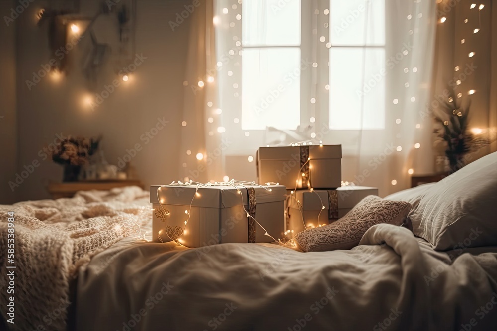 Vertical shot of new year and christmas gift boxes on bed in hazy garland with magic light. Modern a