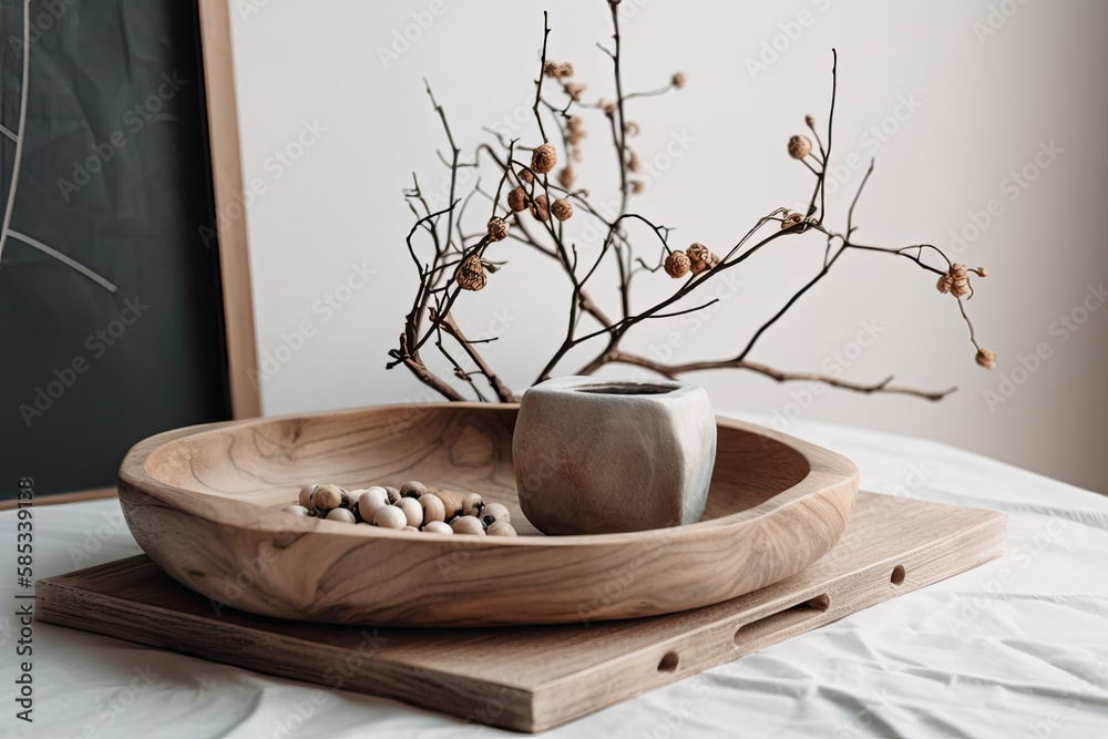 Modern ceramic vase with dry branches and marble tray on light background. Copies. Nordic interior. 