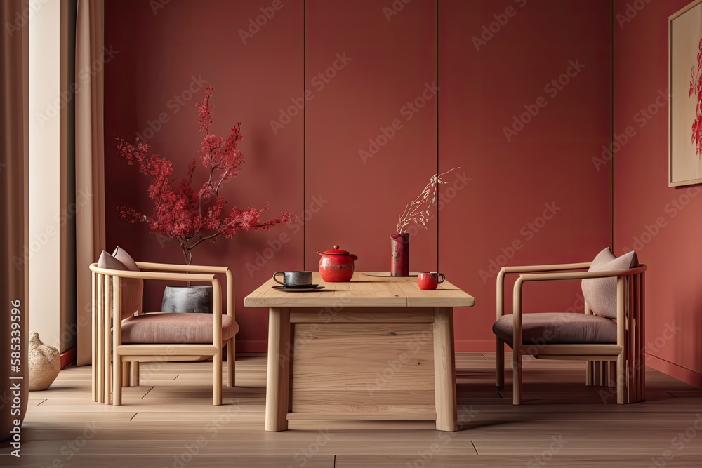 Red and beige Japandi tea ceremony chamber mockup. Table, chairs, tatami. Japanese minimalism,. Gene