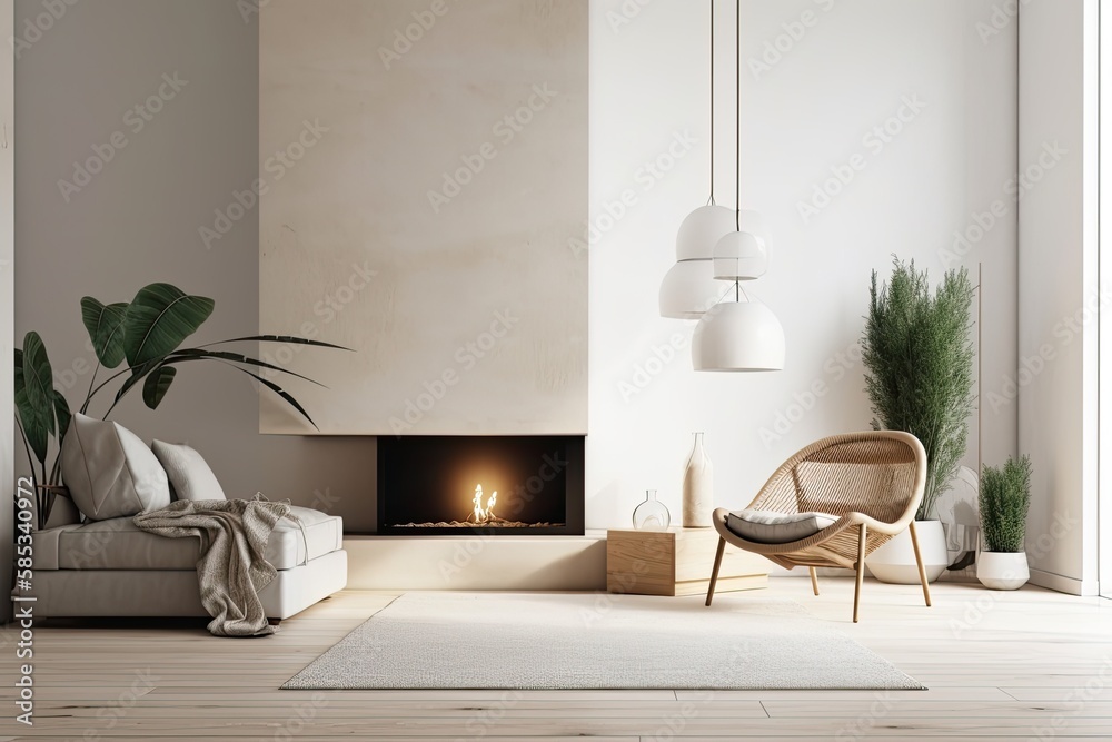 Modern fireplace and white walls in minimalist living room. Interior mockup,. Generative AI