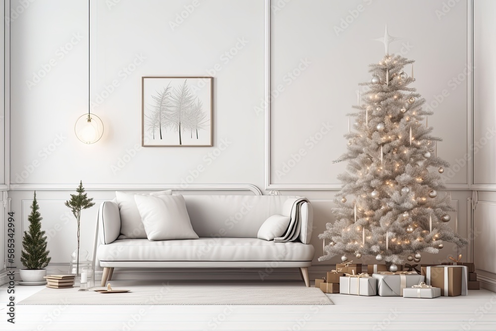 Scandinavian Christmas living room. Gift boxed Christmas tree. white couch wall mockup,. Generative 