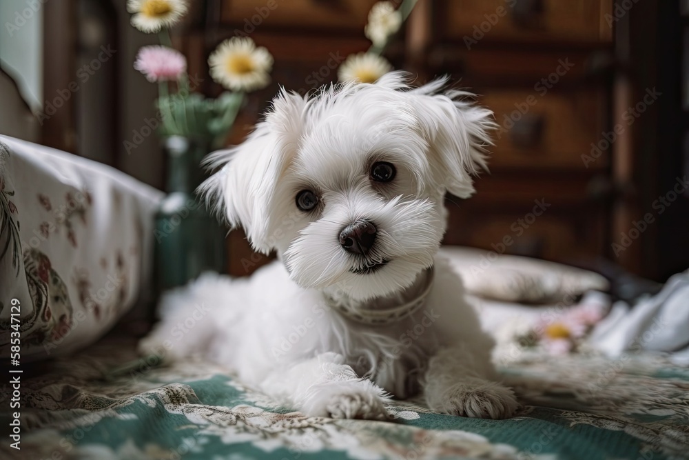 Maltese puppy, lovely pet, laying on bed and staring at camera, boho room. Generative AI