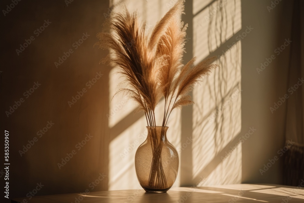 Bohemian pampas grass vase against neutral beige wall. Minimalist bohemian house decor with sunshine