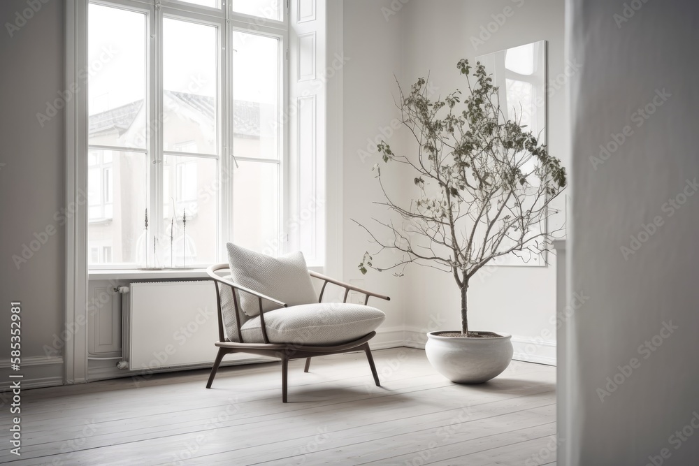 Danish minimalist white eco friendly interior. Modern furnishings. Room. Generative AI